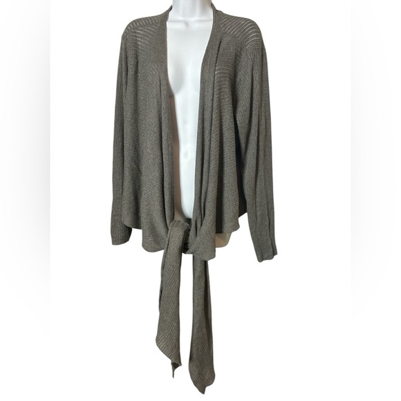 Eileen Fisher Sweaters - Eileen Fisher Woman Gray Sheer Ribbed Knit Tie Front Cardigan Sweater Size 1X